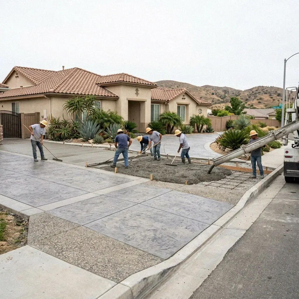 Crew placing and screeding a concrete slab at an Ontario property