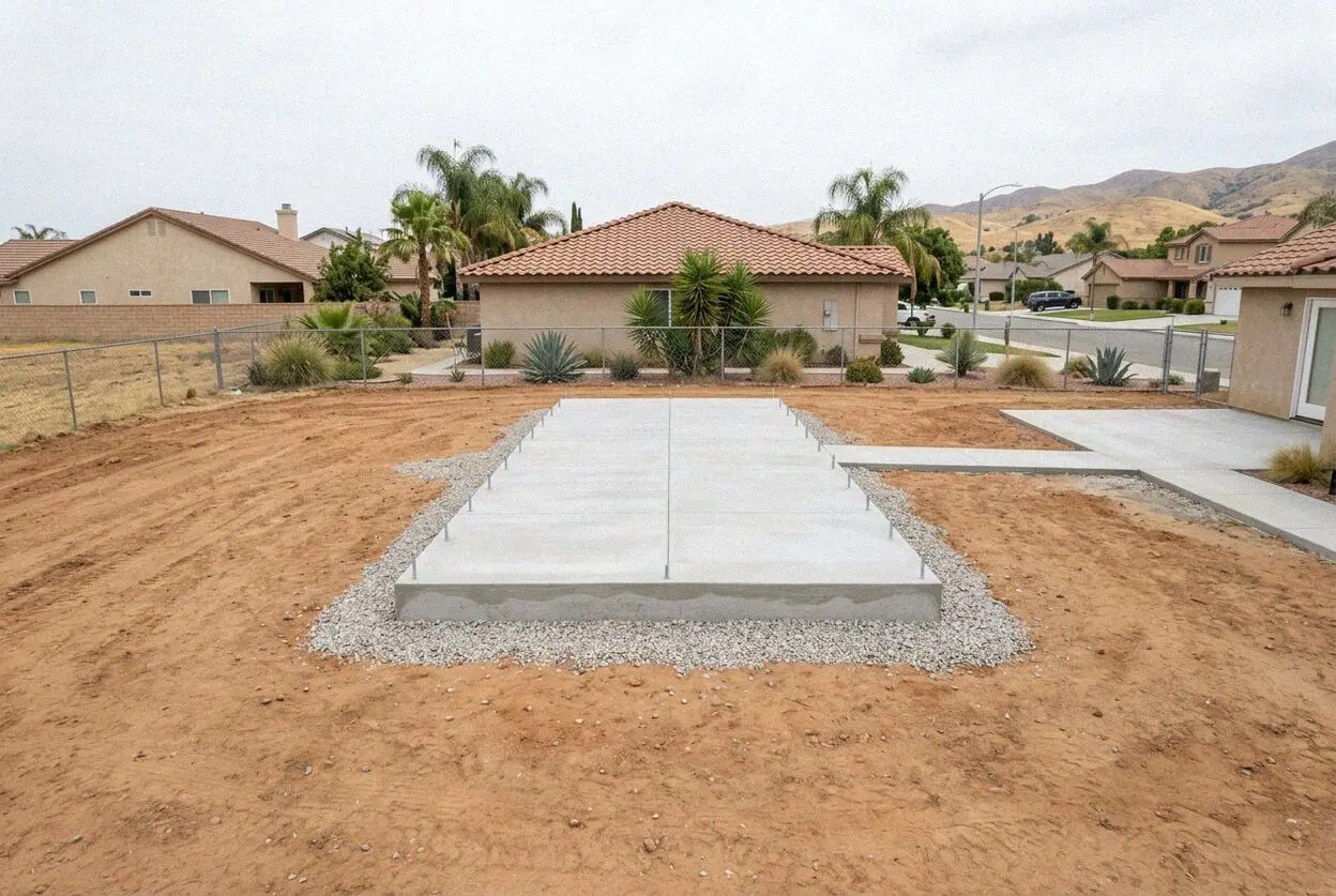 Slab foundation poured for a new ADU in Ontario Ranch, Ontario