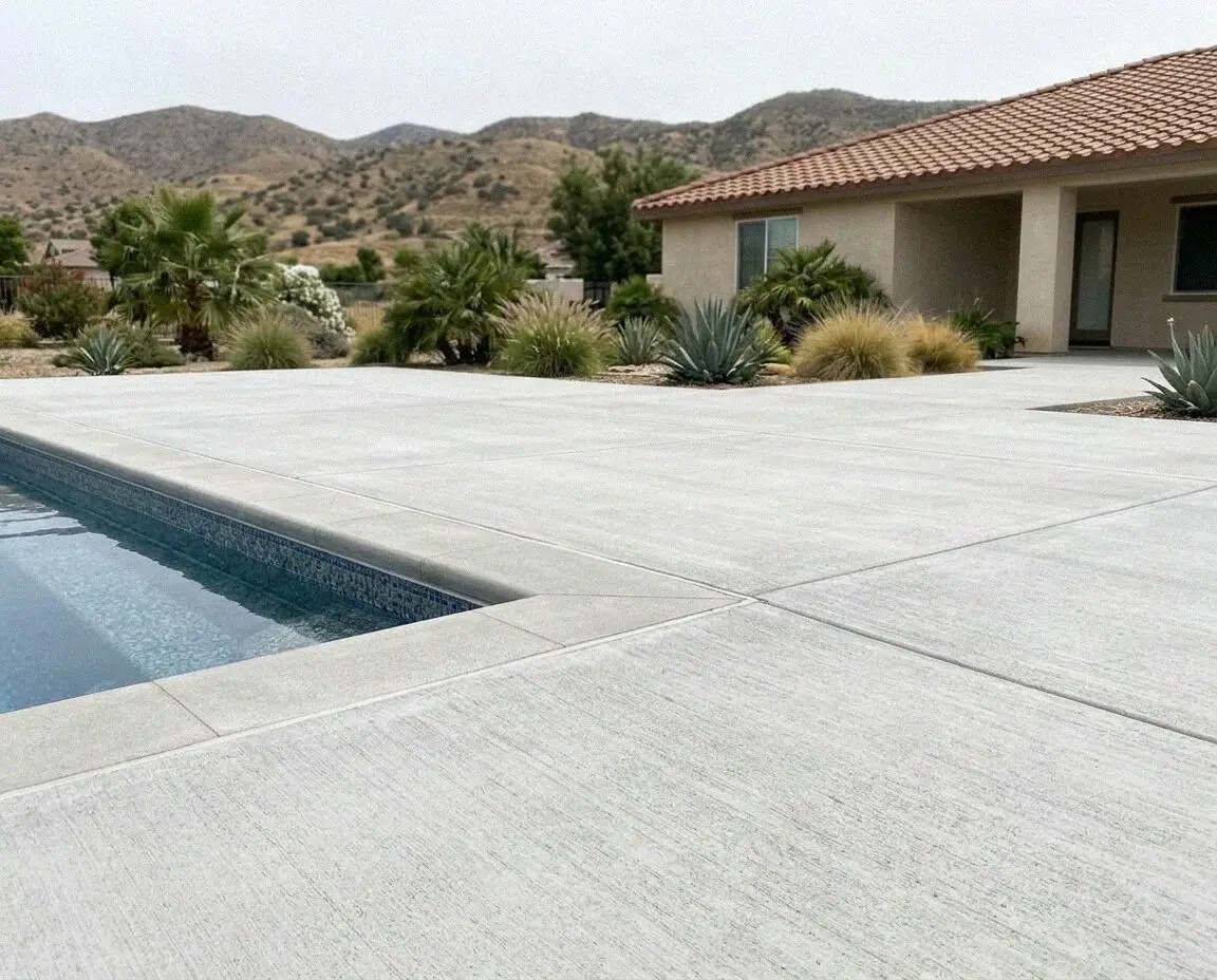 A pale broom-finished concrete pool deck at a home in Ontario, CA