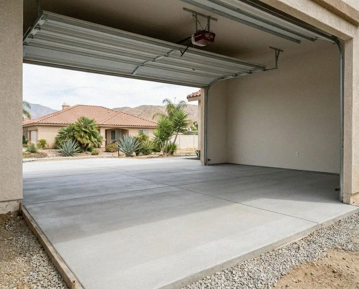 A finished concrete garage floor in an Ontario, CA three-car garage