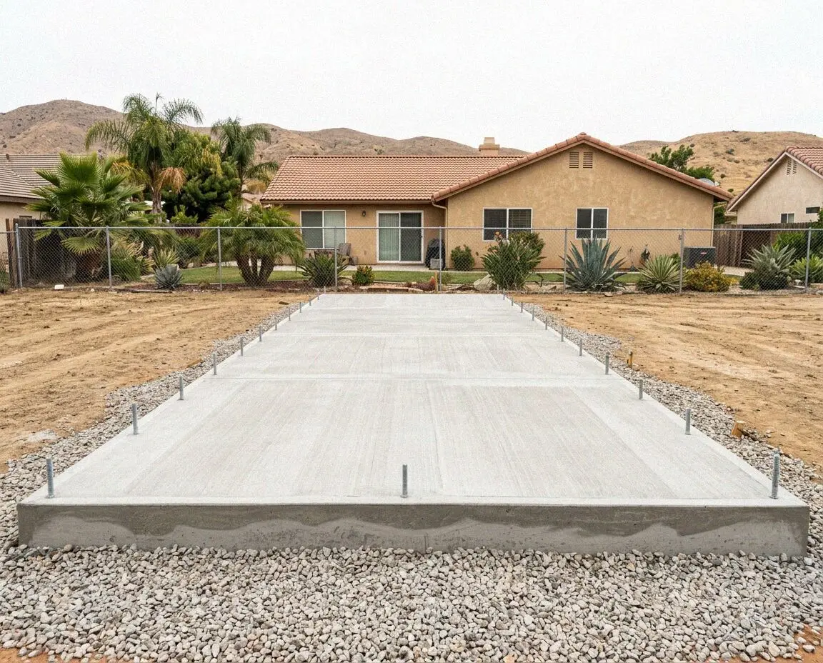 A poured slab foundation ready for framing at an Ontario, CA home